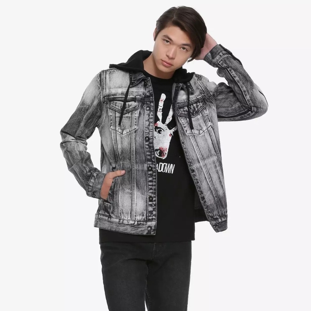 XXX Rude Grey & Black Distressed Bleached Denim Jacket size LG - Picture 2 of 15